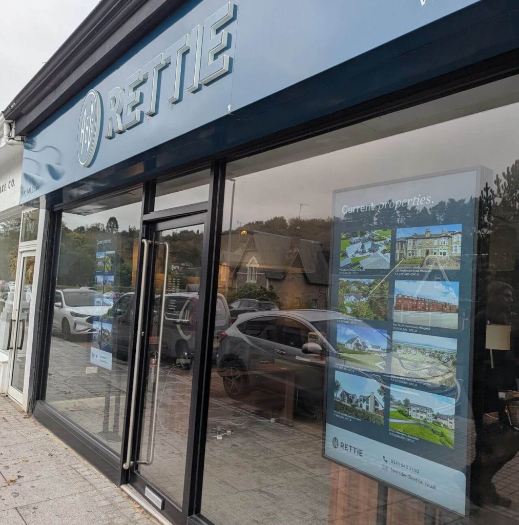 new digital signage install for estate agent branch windows in Bearsden